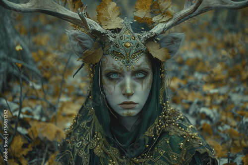Magic forest nymph or fairy with with a deer head. Beautiful and mysterious spirit. Fantasy creature. Fairy tail character. Fabulous mythical creature symbolizing Earth