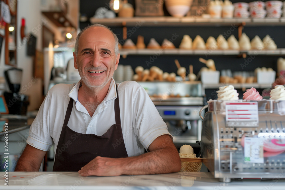 Ice-cream salesman, older experienced working man with a friendly smile in a summer sweets and desserts shop with copy space Ice-cream salesman, older experienced working man with a friendly smile in a summer sweets and desserts shop with copy space