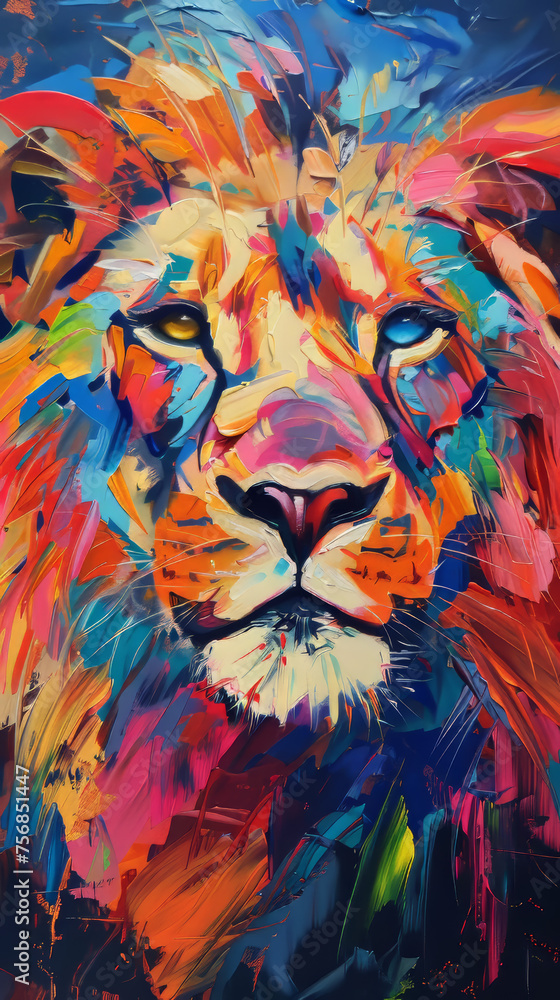 This digital painting of a lion brings a softness to its gaze amid a burst of colors