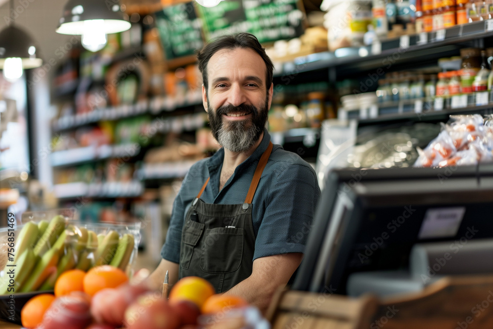 Male shop cashier, worker with a friendly smile at a food and supplies supermarket Male shop cashier, worker with a friendly smile at a food and supplies supermarket