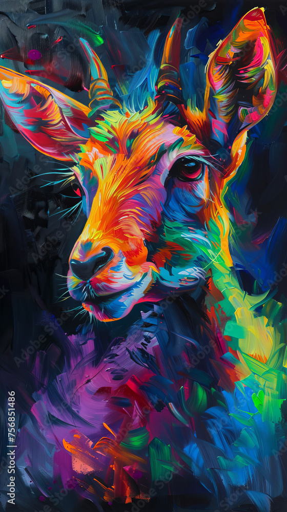 An illustrated deer radiates a playful and lively feel through the use of neon colors in a contemporary abstract art style