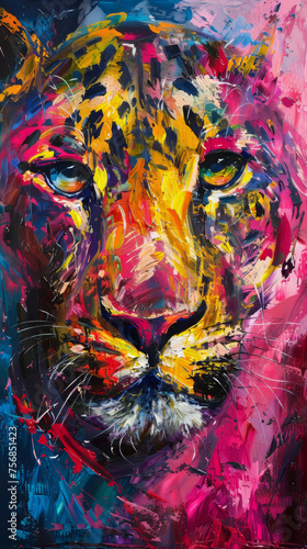 A vibrant, expressive painting of a tiger's face with bold, abstract colors conveying power and intensity