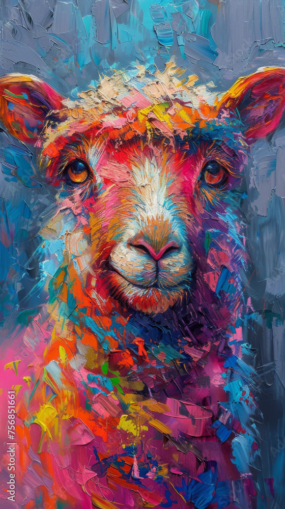 Vibrant, expressive sheep painting with a splash of dynamic colors and abstract texture capturing its peaceful essence