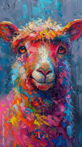 Vibrant  expressive sheep painting with a splash of dynamic colors and abstract texture capturing its peaceful essence