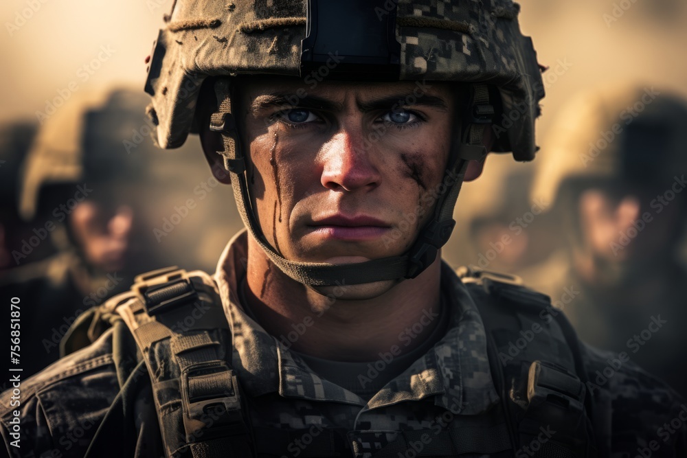 A man in a military uniform is standing in front of a group of soldiers A man in a military uniform is standing in front of a group of soldiers