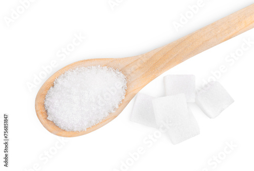 Different types of sugar and spoon isolated on white, top view
