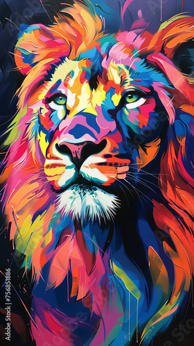 A vibrant abstract painting featuring a majestic lion with a spectrum of colors against a dark background © Daniel
