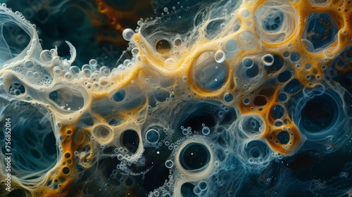 A close up of bubbles and bubbles in a liquid. Generative AI.