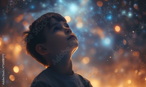A young boy looking up at the stars in the sky. Generative AI.