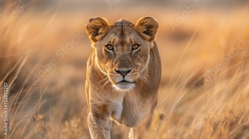 A lion walking through tall grass in the wild. Generative AI. © serg3d