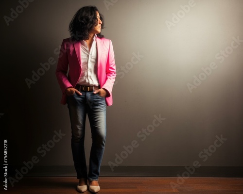 A woman in a pink blazer and jeans standing against a wall. Generative AI.