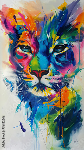 A striking abstraction of a feline face painted with vivid, dripping colors creating a dreamy effect