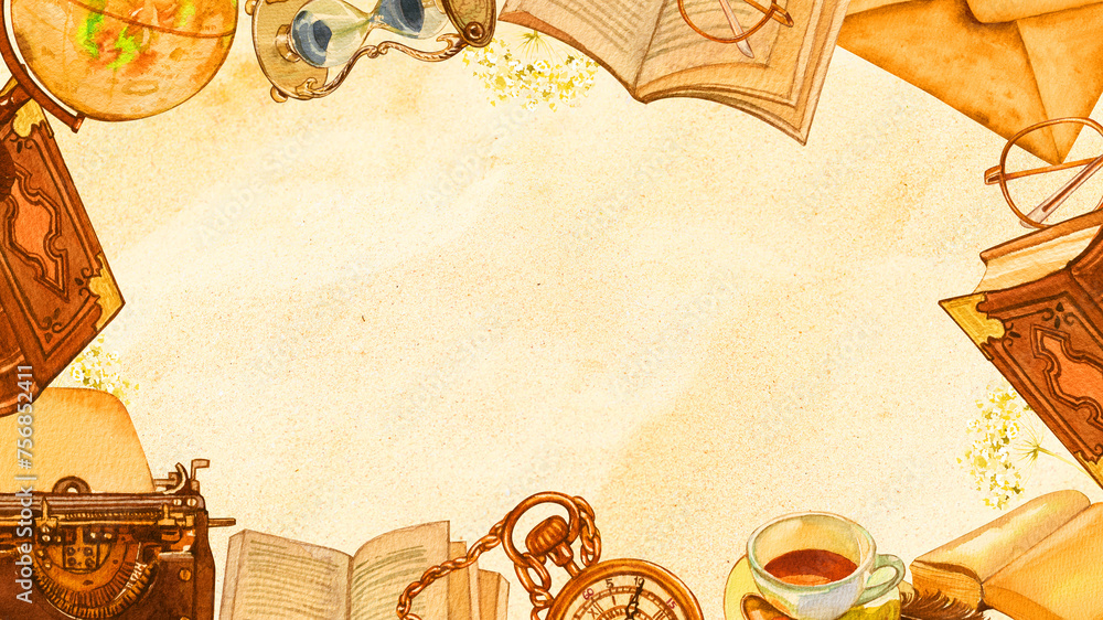 brown color historical items. watch book tea glasses background design ...