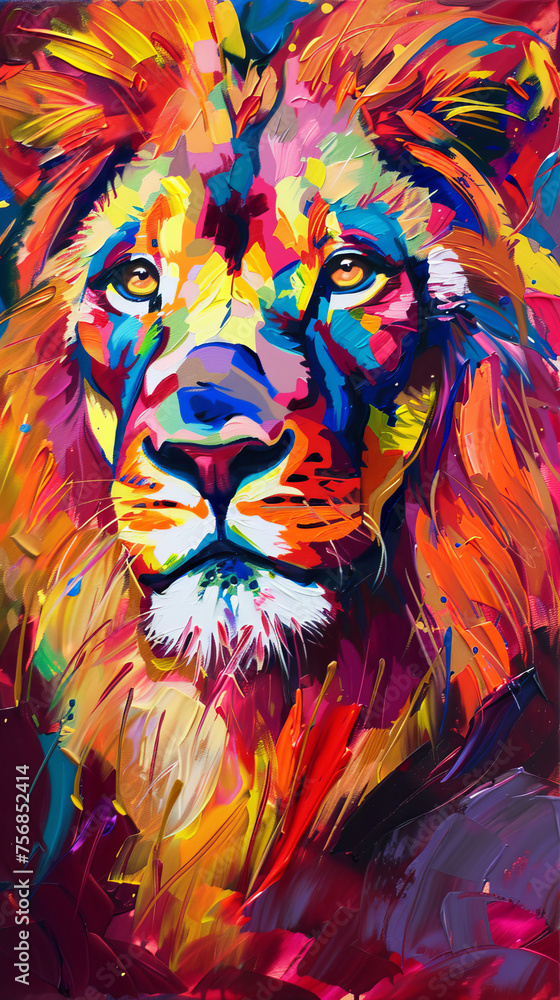 Colorful and expressive painting of a lion's face with rainbow hues and powerful brush strokes