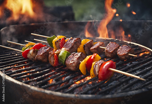 Espetinhos de carne com legumes assados na churrasqueira em fogo alto. photo