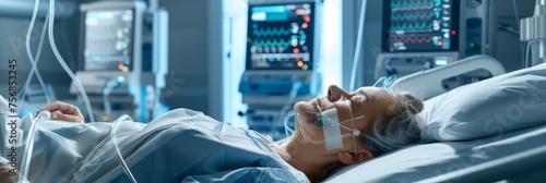 Hospital room with a patient on life support - A critical patient lying in a hospital bed connected to life support systems, illustrating healthcare and emergency photo