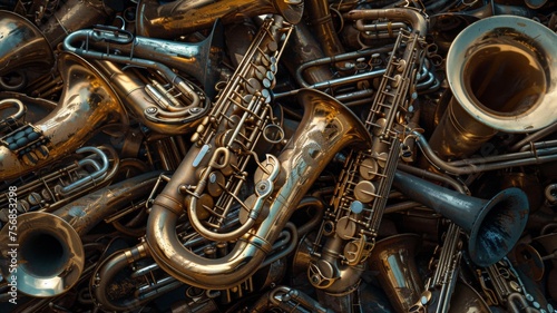Pile of brass instruments entangled - Close-up shot of a chaotic pile of various brass instruments  some aging and with patina
