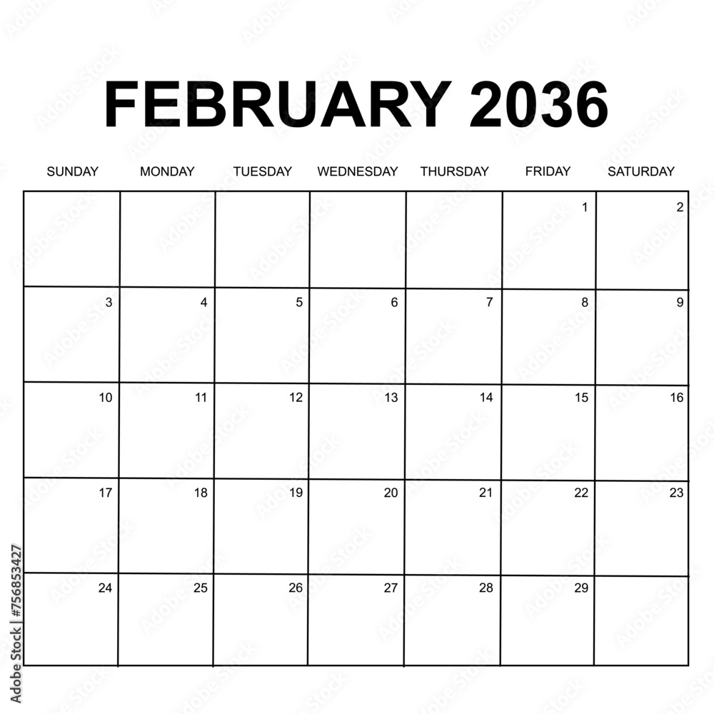 february 2036. monthly calendar design. week starts on sunday. printable, simple, and clean vector design isolated on white background. - obrazy, fototapety, plakaty 