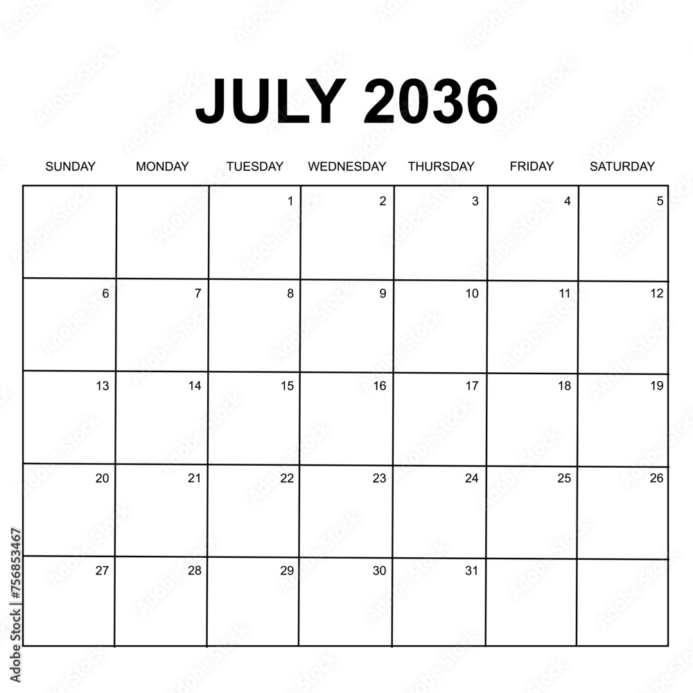 july 2036. monthly calendar design. week starts on sunday. printable, simple, and clean vector design isolated on white background. - obrazy, fototapety, plakaty 