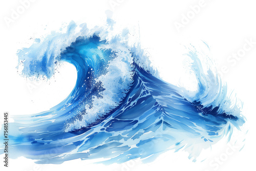 Massive watercolor blue wave with splashes isolated on transparent background. One sea wave created by strong typhoon or gale. Side view.
