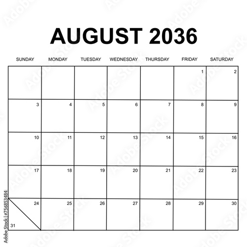 august 2036. monthly calendar design. week starts on sunday. printable, simple, and clean vector design isolated on white background.