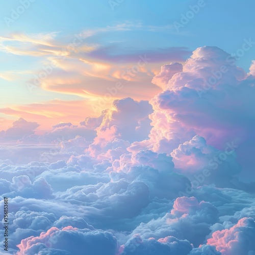 Pastel sunrise above fluffy clouds invoking peace and mindfulness in a serene skyscape