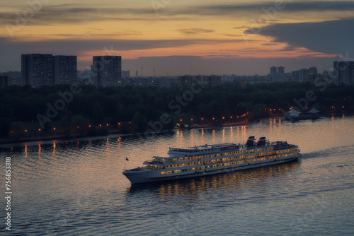 Ship is sailing on river near cityscape at golden sunset with reflections on the water in the city © Ivan Kurmyshov