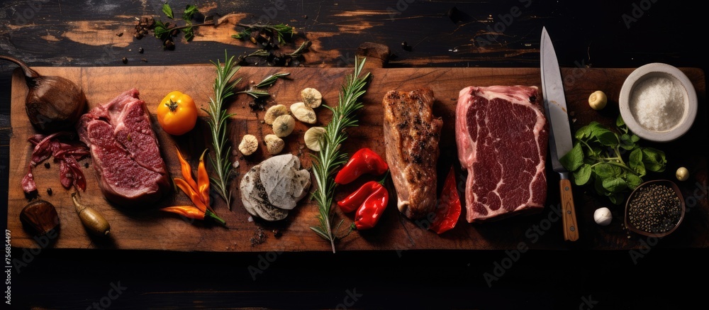 A wooden cutting board displaying a mix of red meat and various colorful vegetables, showcasing the ingredients for a delicious dish in the making A wooden cutting board displaying a mix of red meat and various colorful vegetables, showcasing the ingredients for a delicious dish in the making