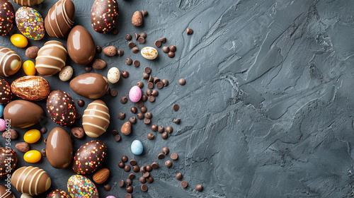 A creative display of chocolate Easter eggs scattered across a slate background, ready for the festive season photo