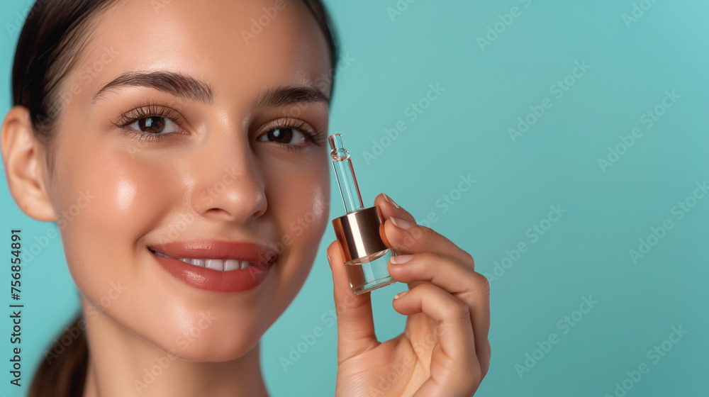 Skin care concept. Beauty portrait of smiling young woman girl holding pipette with cosmetic oil or serum near clean face. Cosmetology and Spa on teal color background professional photography Skin care concept. Beauty portrait of smiling young woman girl holding pipette with cosmetic oil or serum near clean face. Cosmetology and Spa on teal color background professional photography