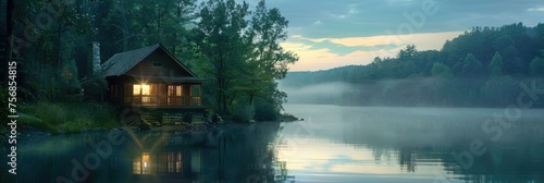Lakeside cabin in a misty forest - A serene lakeside wooden cabin surrounded by a foggy forest during twilight, reflecting tranquility © Tida
