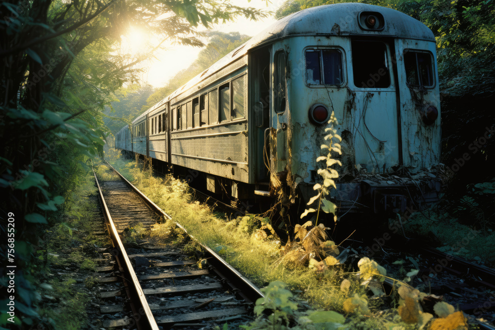 Fototapeta premium 電車, 壊れた, 線路, 乗り物, 廃棄, Train, Broken, Railroad Tracks, Vehicle, Disposal