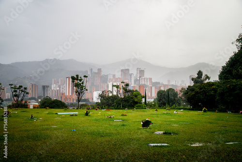 Tablou pe pânză Panoramic of the Jardines Montesacro Cemetery in Medellin (Colombia), where the