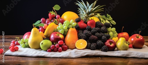The table is filled with a variety of fruits, including pineapples, a seedless fruit known as ananas. These natural foods can be used as ingredients in recipes and are essential for a healthy diet