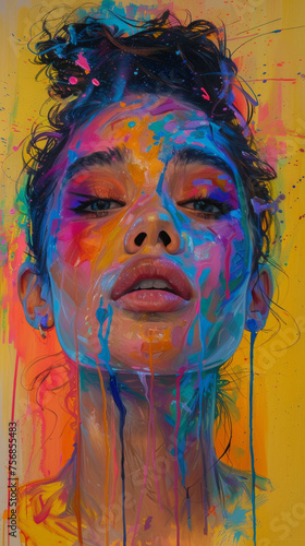 A compelling vertical portrait of a woman with paint dripping down her face  symbolizing fluidity and the transformative power of art