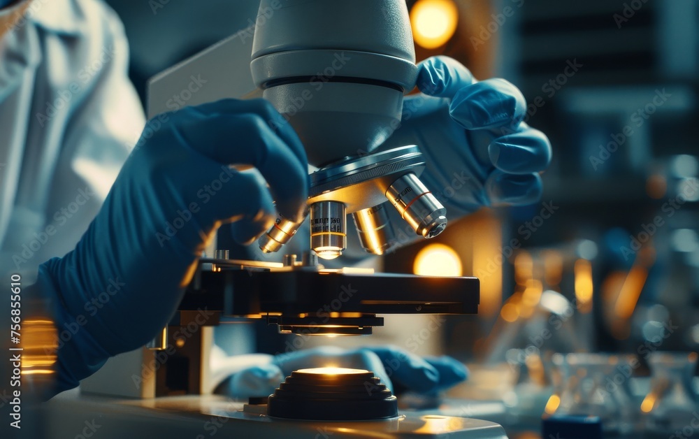 Close up of a research nurses hands under a microscope clinical trial findings hopeful patients in the backdrop Close up of a research nurses hands under a microscope clinical trial findings hopeful patients in the backdrop