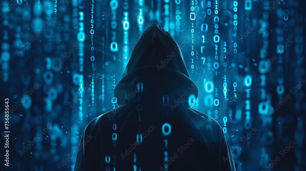 A digital icon of a hacker wearing a hoodie with binary code in the background displayed on a computer screen symbolizing cybersecurity threats - obrazy, fototapety, plakaty 