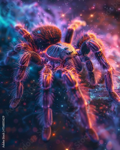 Closeup of a tarantula in a vivid cosmic setting surrounded by colorful space dust and starlight
