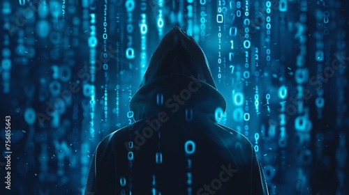 A digital icon of a hacker wearing a hoodie with binary code in the background displayed on a computer screen symbolizing cybersecurity threats photo