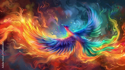 A rainbow phoenix soaring majestically from flames reborn in vibrant colors against a dark hellish backdrop photo