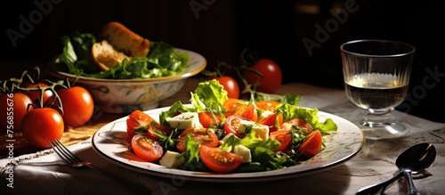 A plate of fresh salad and a glass of wine are set on the table. The natural foods on the plate are mixed with various ingredients to create a delicious dish