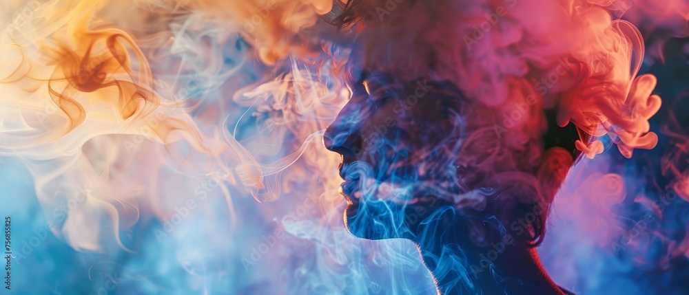 Abstract image of man and smoke evoking introspection for a mindfulness meditation app background - obrazy, fototapety, plakaty 