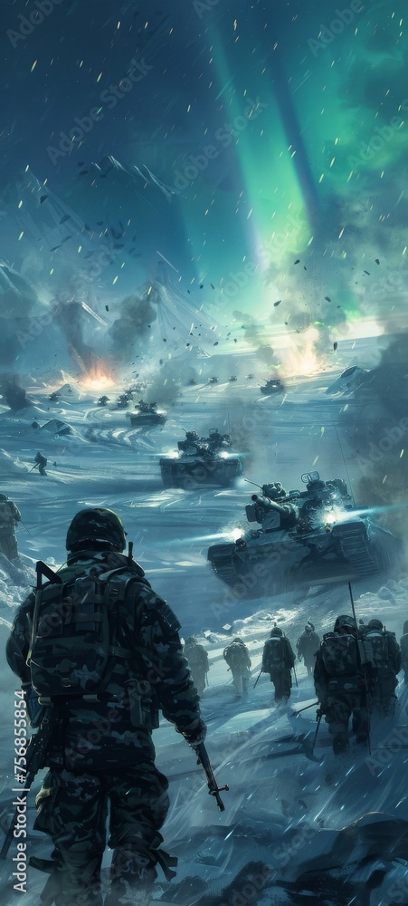 An arctic WWIII scenario with camouflaged troops and tanks battling in a snowstorm northern lights illuminating the icy landscape