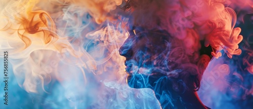 Abstract image of man and smoke evoking introspection for a mindfulness meditation app background