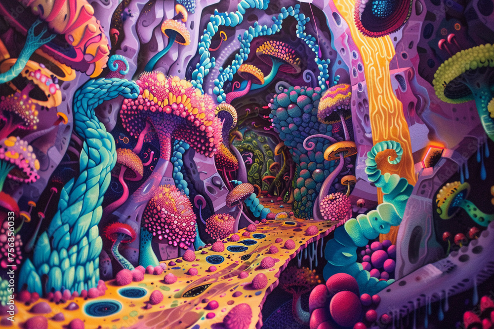 Psychedelic neon mushroom forest artwork with vibrant organic shapes.