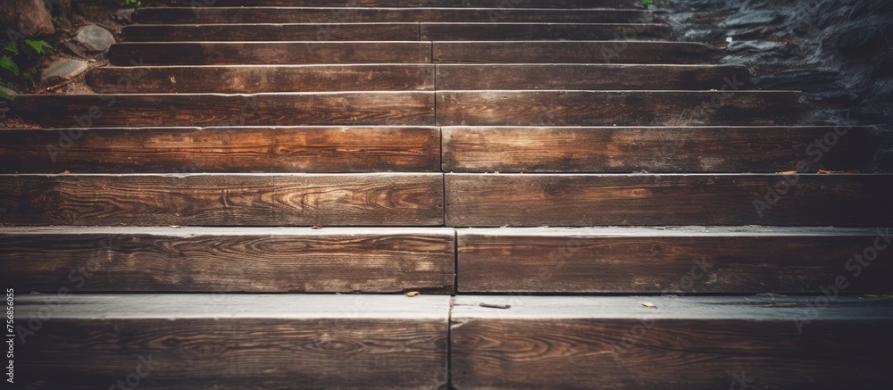 A closeup of a set of wooden stairs with a metal railing, complimented by the warm tones of brown wood, brickwork, and a nearby window - obrazy, fototapety, plakaty 