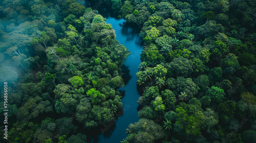 River winding through dense rainforest from above River winding through dense rainforest from above