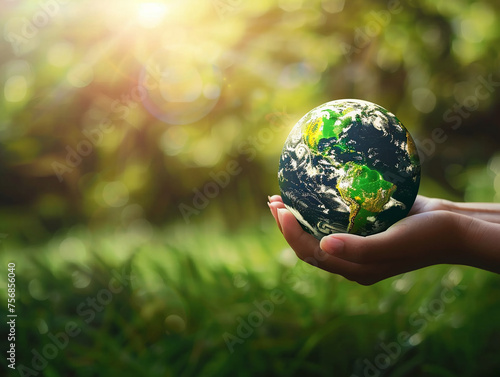 Hand holding a globe with green natural elements on a sunny day. 