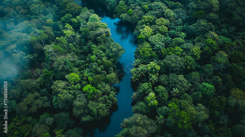 River winding through dense rainforest from above © pprothien
