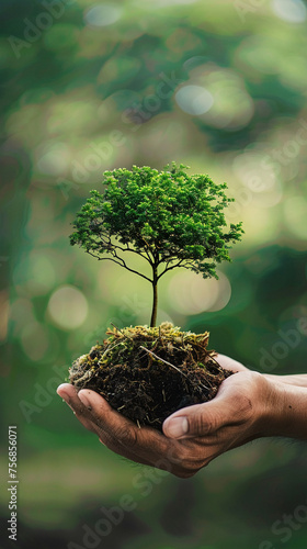 Sustainable living concept with hand holding tree seedling and soil.